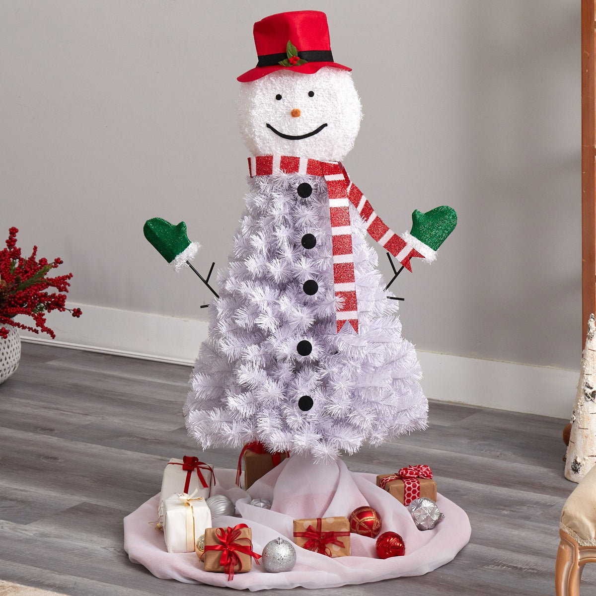 Nearly Natural 4’ Snowman artificial Christmas Tree with 234 bendable branches; red hat, scarf on Tampa Home & Garden Store