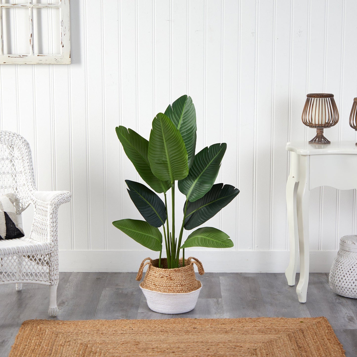 Nearly Natural 4ft Traveler's Palm artificial tree in boho chic cotton & jute white planter on Tampa Home & Garden Store
