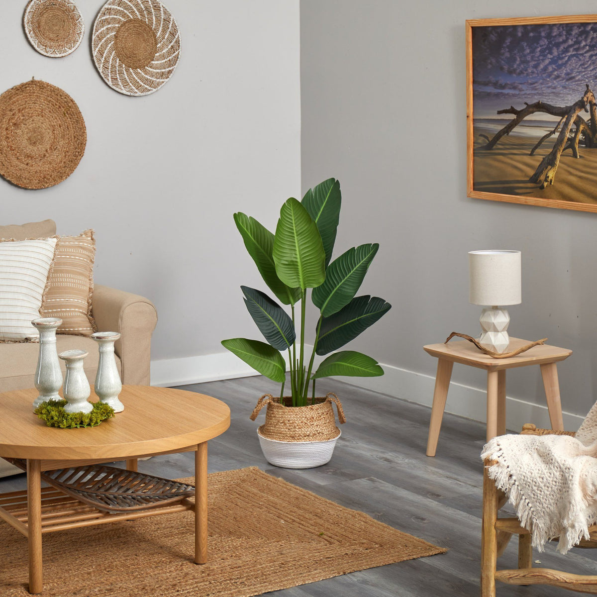 4' Traveler's Palm artificial tree in white woven cotton & jute planter Nearly Natural on Tampa Home & Garden Store