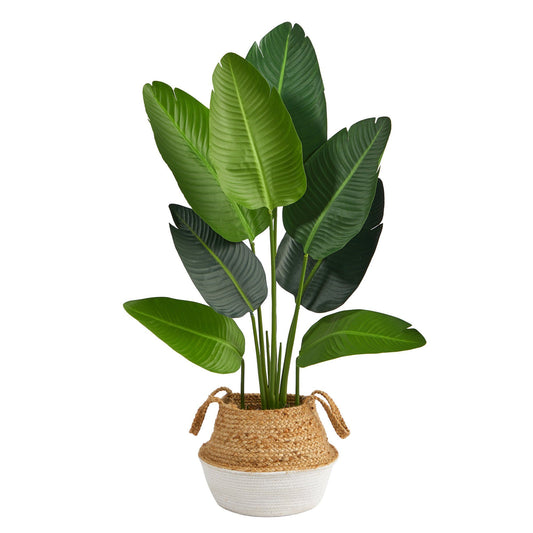 4 ft Traveler's Palm artificial tree in boho chic cotton and jute white woven planter on Tampa Home & Garden Store