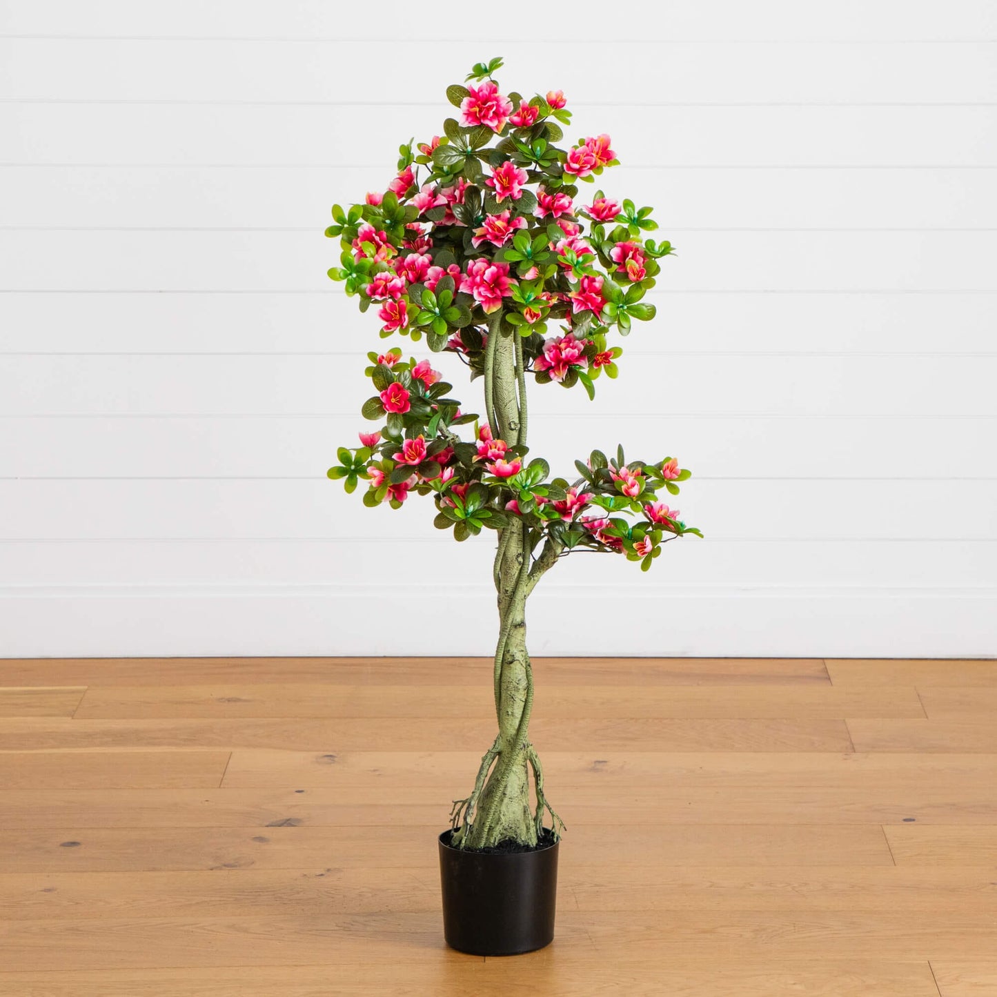 4ft UV-resistant artificial azalea tree by Nearly Natural with pink blooms in a black pot on Tampa Home & Garden Store