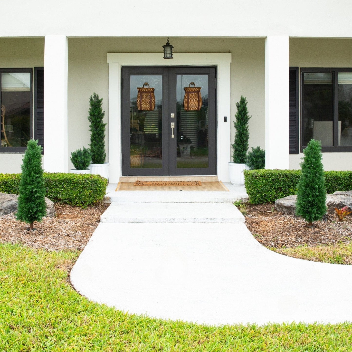 4-ft UV resistant artificial cedar plant, set of 2, flanking front door on Tampa Home & Garden Store