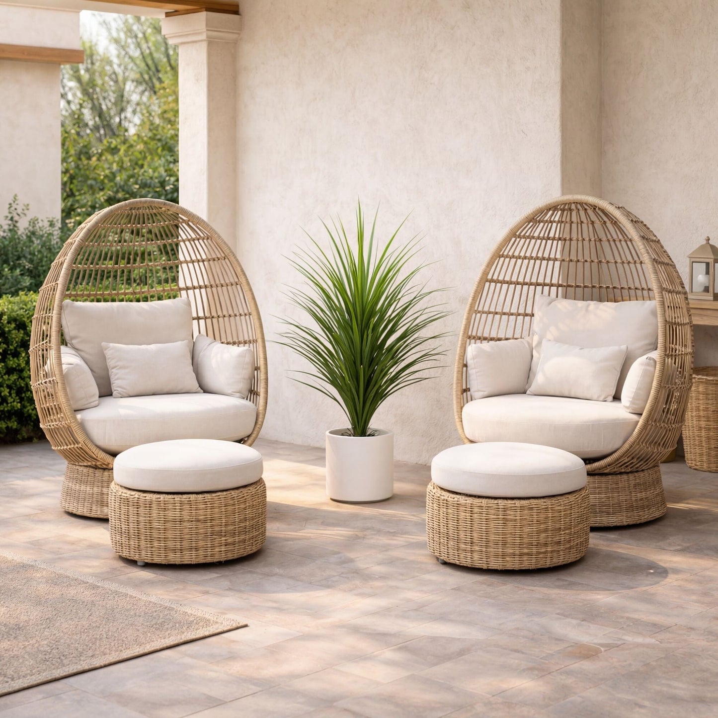 4 ft UV resistant artificial grass plant in a white planter between wicker chairs on a patio on Tampa Home & Garden Store