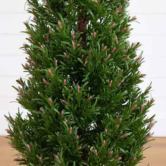 4' rosemary cone topiary tree by Nearly Natural green leaves with pink tips on Tampa Home & Garden Store