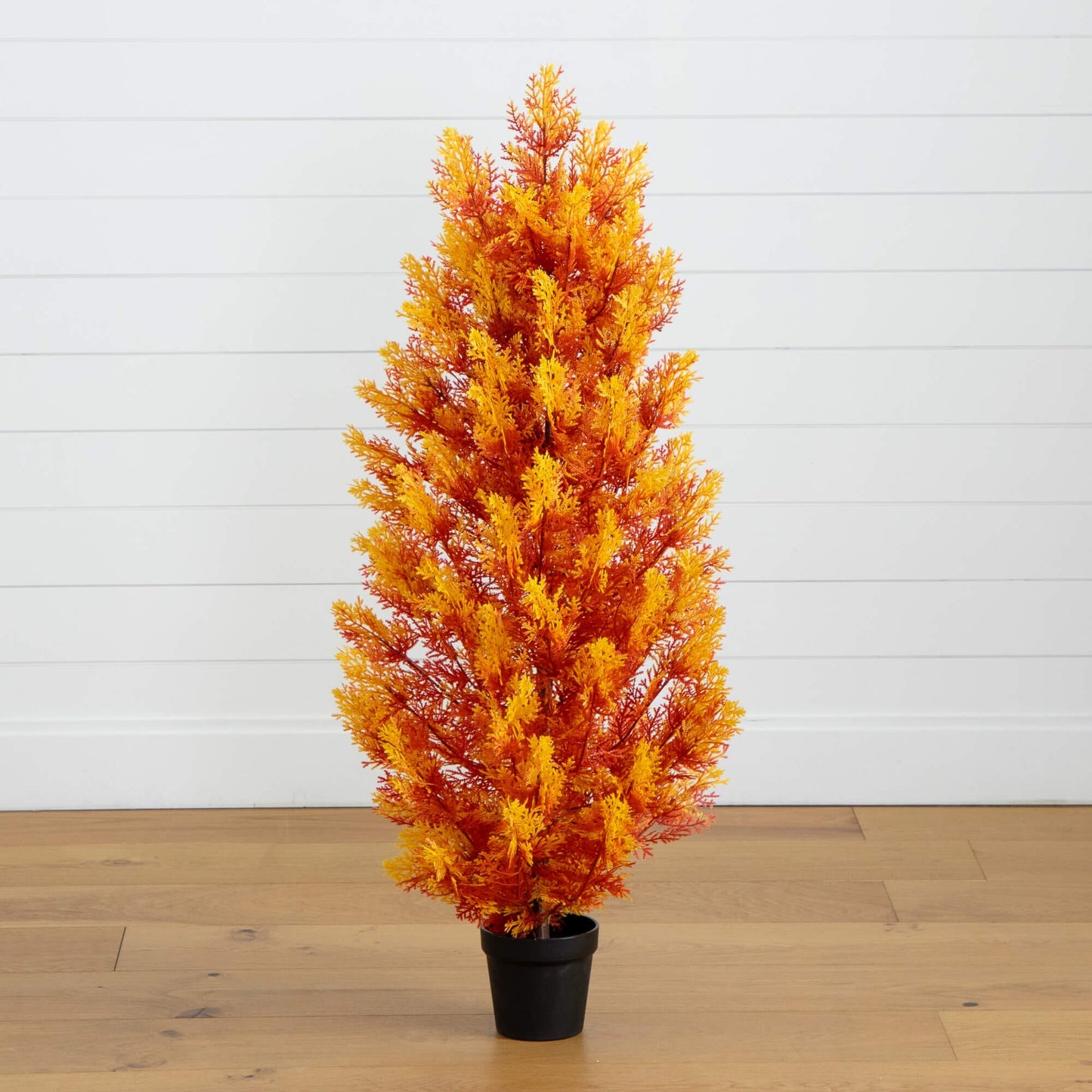 4' Nearly Natural autumn cedar artificial tree with orange foliage in black pot indoor outdoor on Tampa Home & Garden Store
