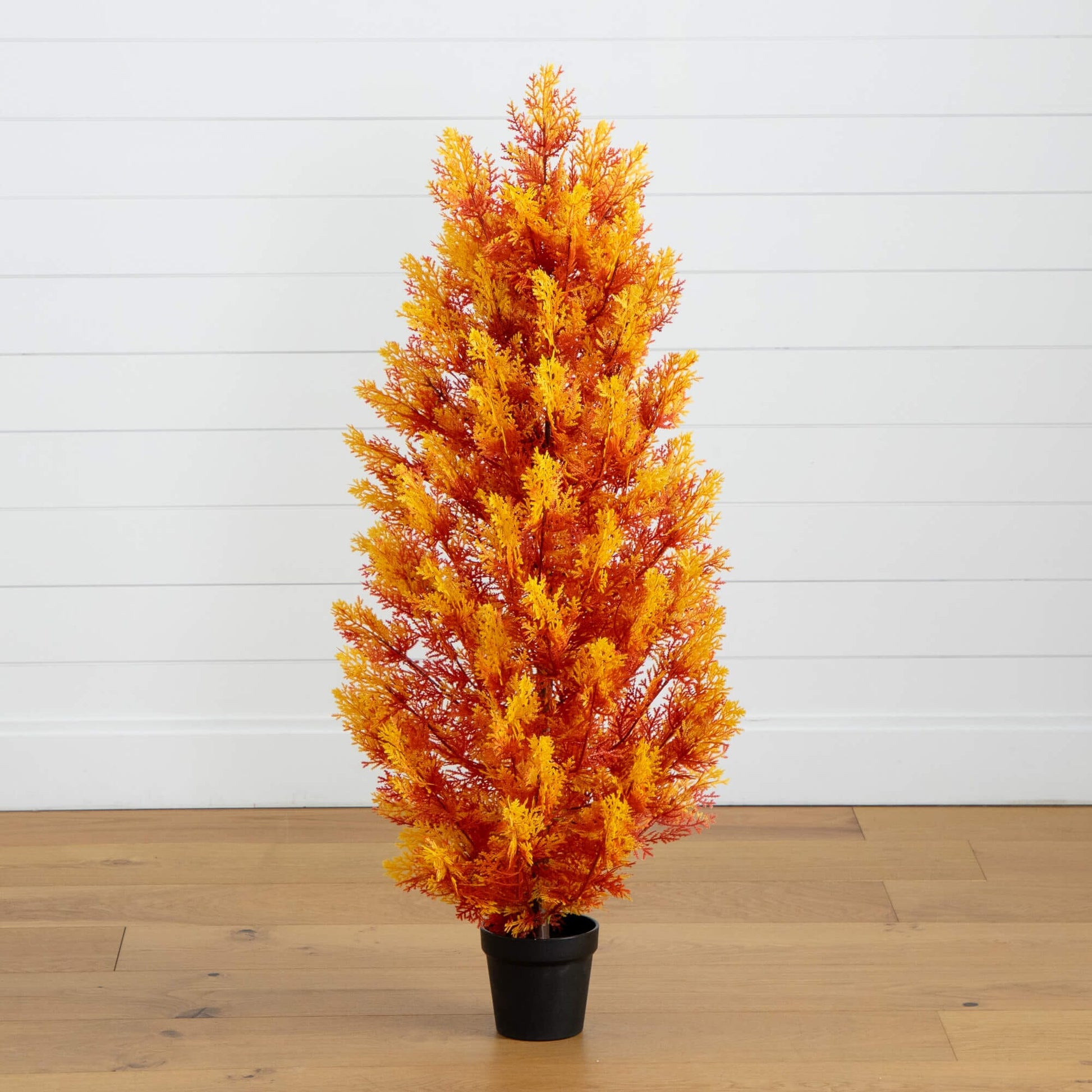 4' Nearly Natural autumn cedar artificial tree with orange foliage in black pot indoor outdoor on Tampa Home & Garden Store