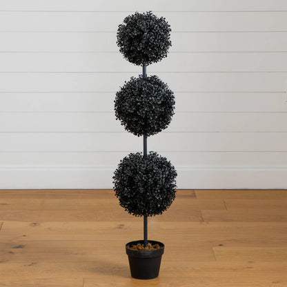 4' UV-resistant Halloween black artificial triple-ball boxwood topiary on metal stake in pot on Tampa Home & Garden Store