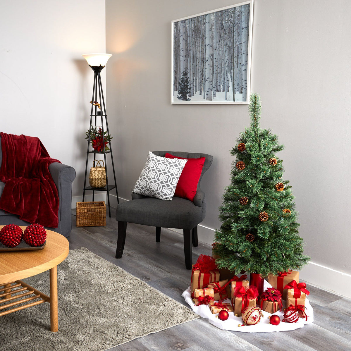 4 ft white mountain pine artificial Christmas tree with 100 clear LED lights and pine cones on Tampa Home & Garden Store