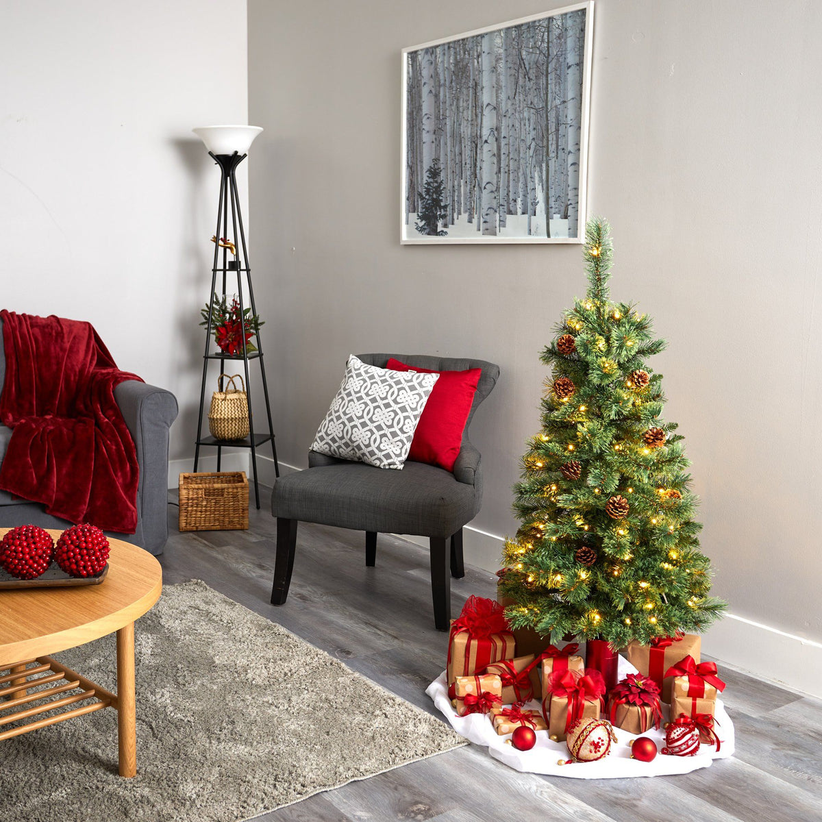 4 ft Nearly Natural White Mountain Pine Christmas Tree with 100 LED lights and pine cones on Tampa Home & Garden Store