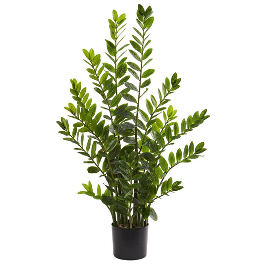 4 ft Zamioculcas artificial plant with green leaves in black pot by Nearly Natural on Tampa Home & Garden Store
