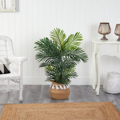 40” Areca Palm Tree in boho cotton woven planter with tassels UV resistant by Nearly Natural on Tampa Home & Garden Store