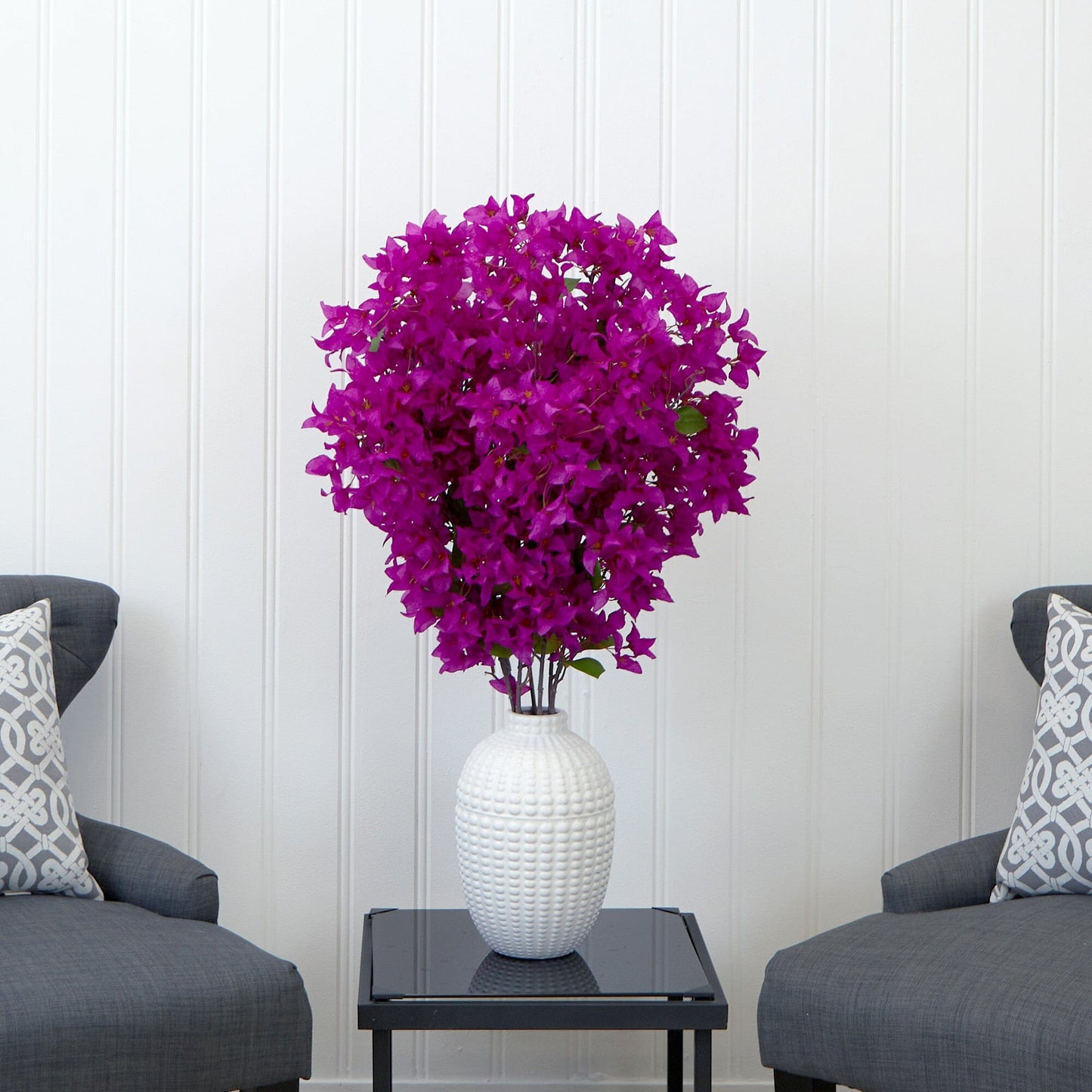40" artificial purple bougainvillea arrangement in white vase on black glass table on Tampa Home & Garden Store