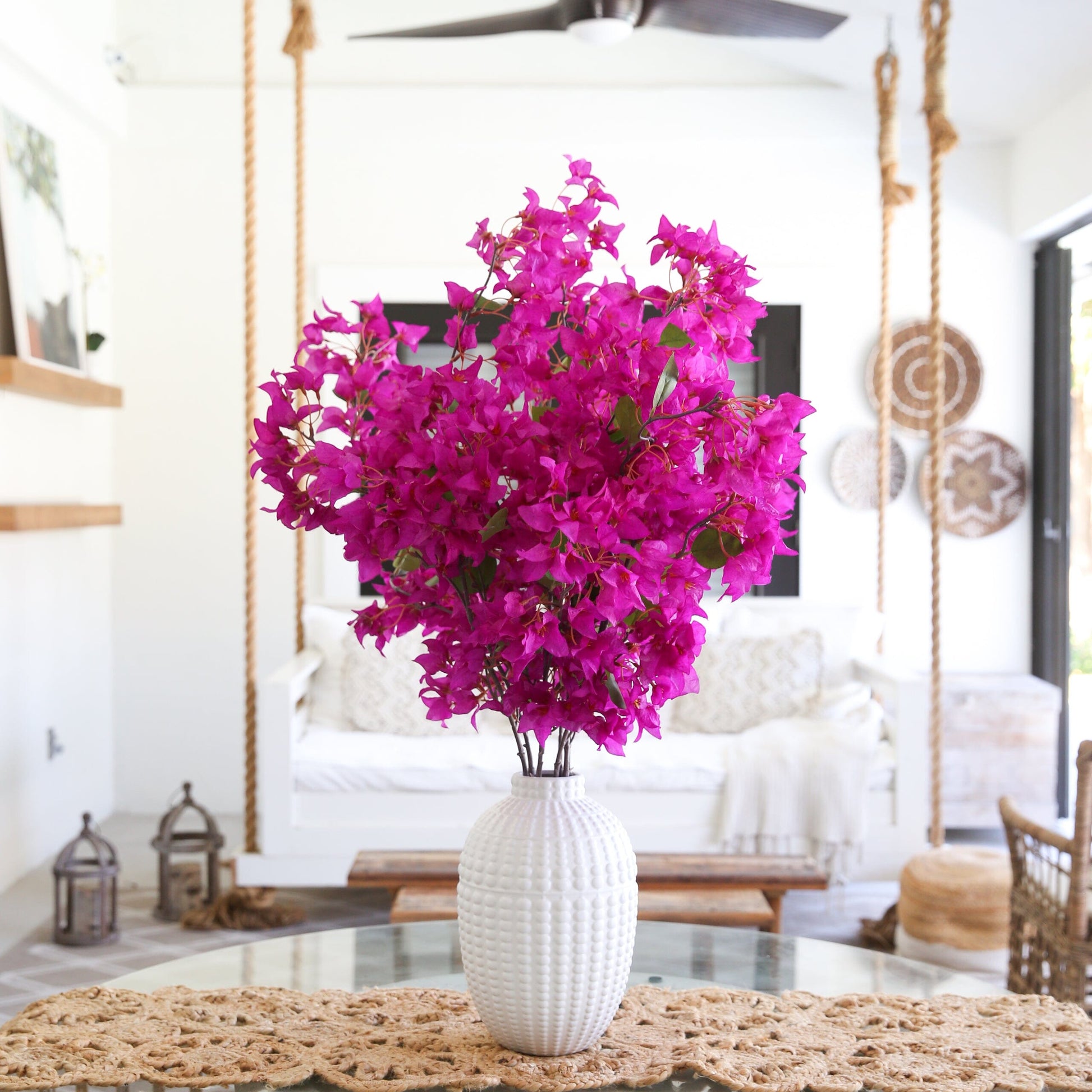 40in artificial purple bougainvillea arrangement in white textured vase on glass table on Tampa Home & Garden Store