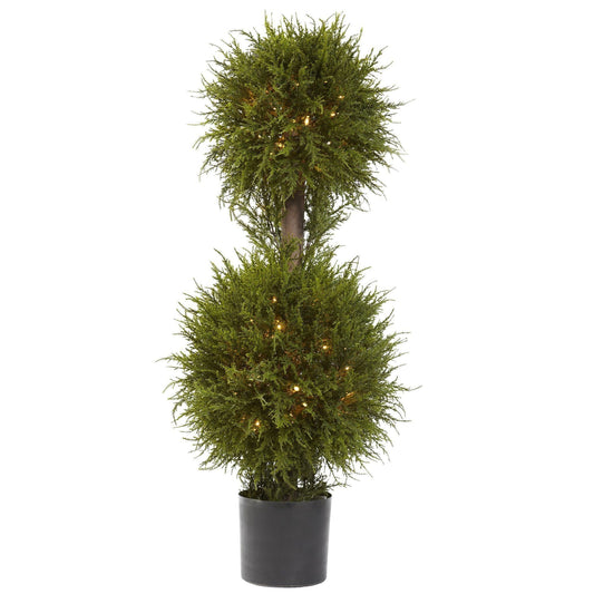 Nearly Natural 40in cedar double-ball topiary with warm-white lights in a black planter on Tampa Home & Garden Store