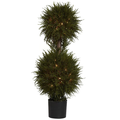 40in Cedar Double Ball Topiary with Lights by Nearly Natural in a black planter on Tampa Home & Garden Store