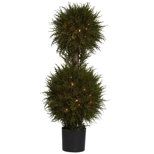 40in Cedar Double Ball Topiary with Lights by Nearly Natural in a black planter on Tampa Home & Garden Store