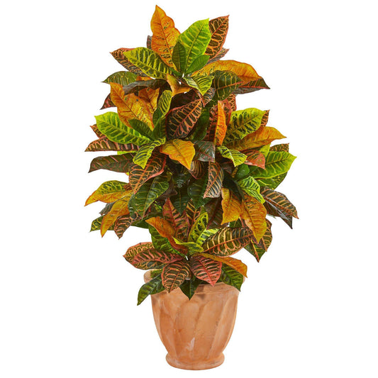 40" Croton artificial plant with variegated leaves in terra cotta planter Nearly Natural on Tampa Home & Garden Store
