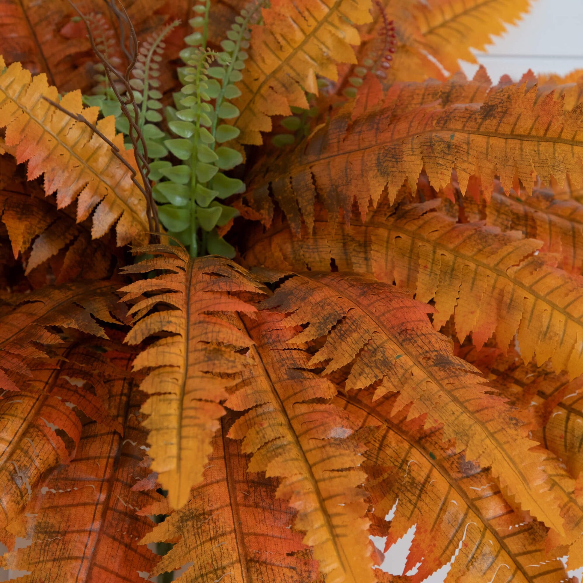 40in Autumn Boston Fern artificial plant set of 2 with green fronds among orange leaves on Tampa Home & Garden Store