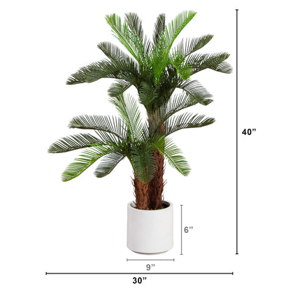 Artificial Double Cycas Palm Tree in White Planter, 40in UV Resistant by Nearly Natural on Tampa Home & Garden Store