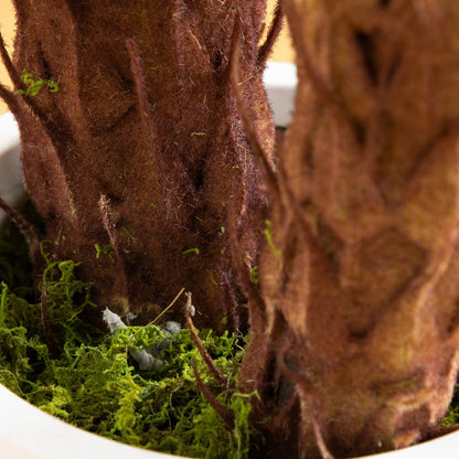 Artificial Double Cycas Palm Tree trunk close-up with brown textured surface and green moss on Tampa Home & Garden Store