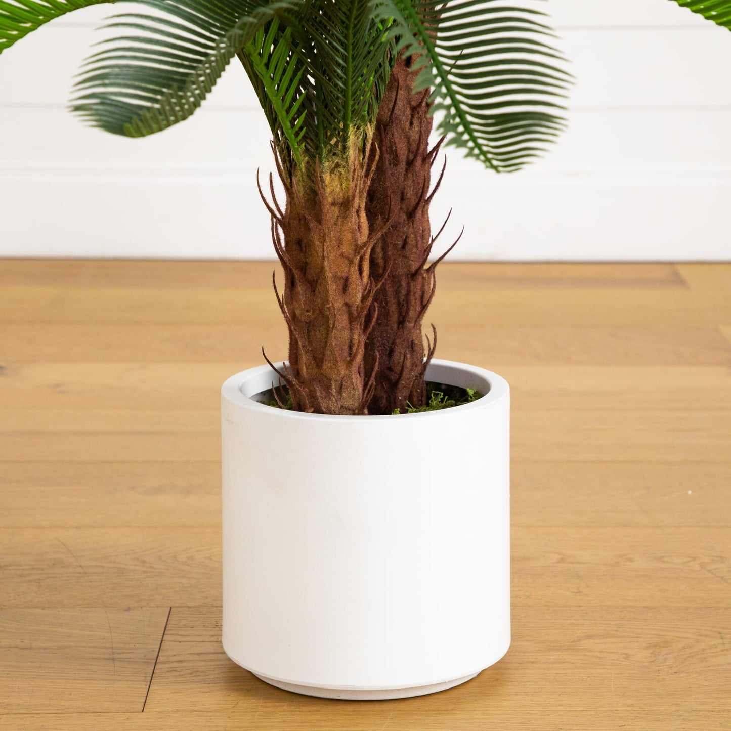 Artificial double cycas palm tree in white decorative planter, 40in UV-resistant Nearly Natural on Tampa Home & Garden Store