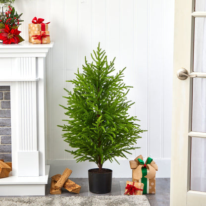 40in Norfolk Island Pine Natural Look artificial Christmas Tree in black pot beside gifts on Tampa Home & Garden Store