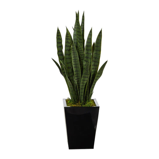 40-Inch Sansevieria artificial plant in black metal planter with green leaves and moss on Tampa Home & Garden Store