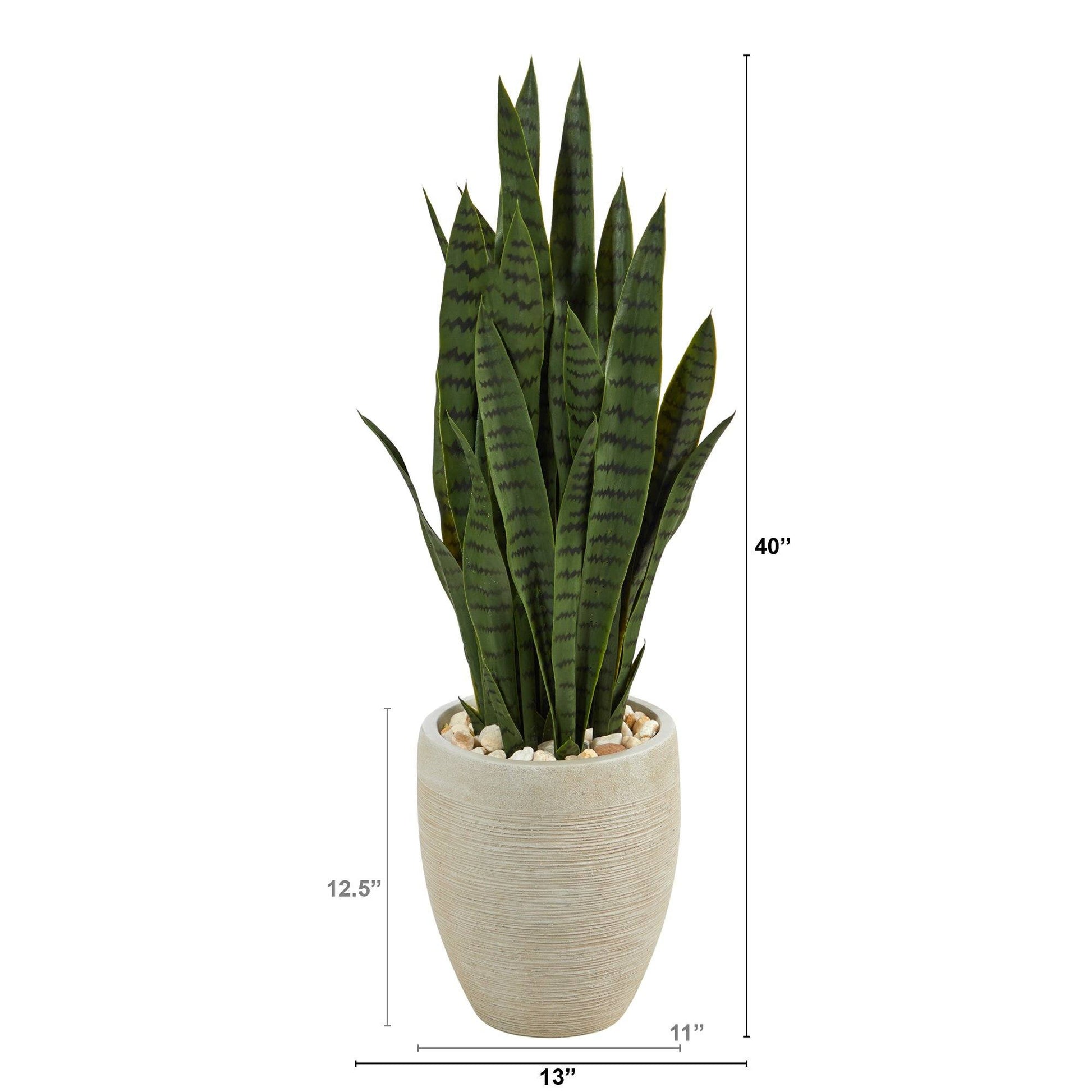 40” Artificial Sansevieria in Sand-Colored Planter by Nearly Natural, tall banded green leaves on Tampa Home & Garden Store