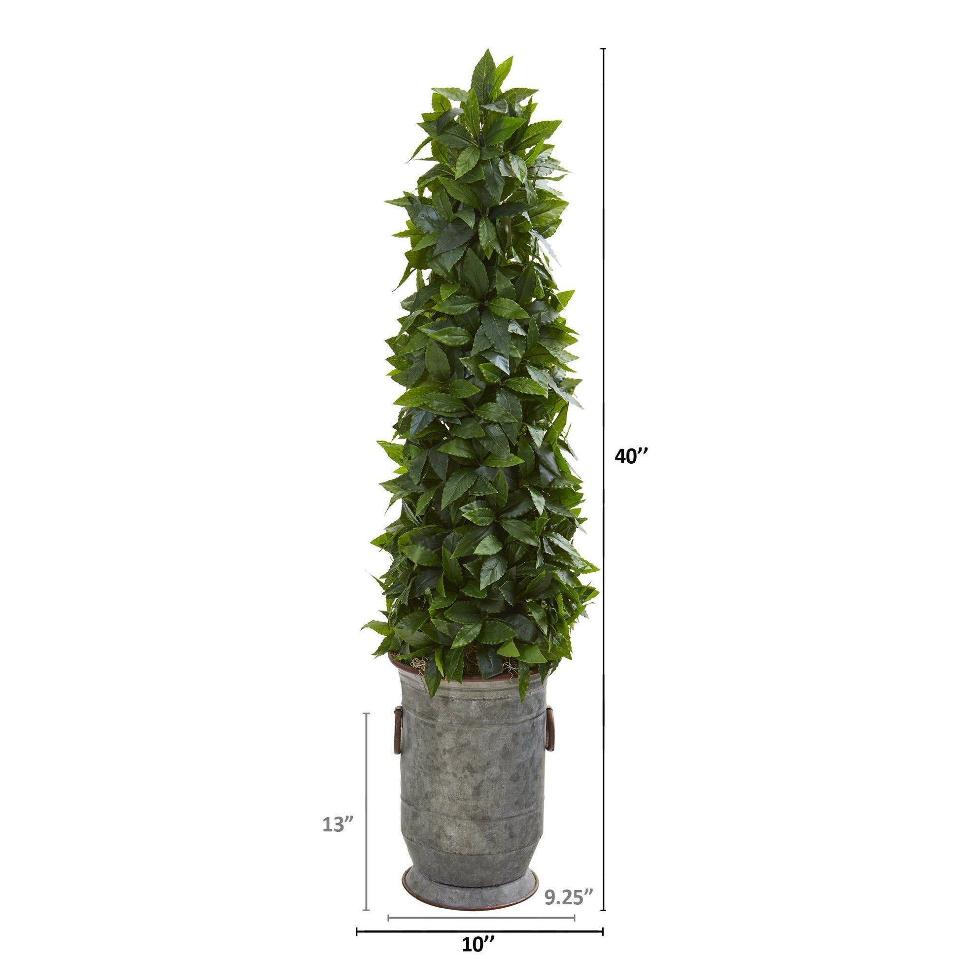 Sweet Bay cone topiary artificial tree 40in in vintage metal planter Nearly Natural green leaves on Tampa Home & Garden Store