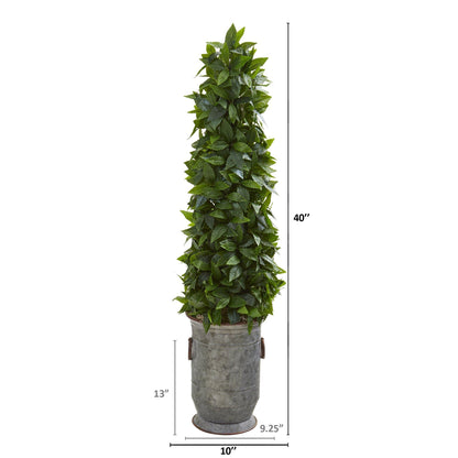 Sweet Bay cone topiary artificial tree 40in in vintage metal planter Nearly Natural green leaves on Tampa Home & Garden Store