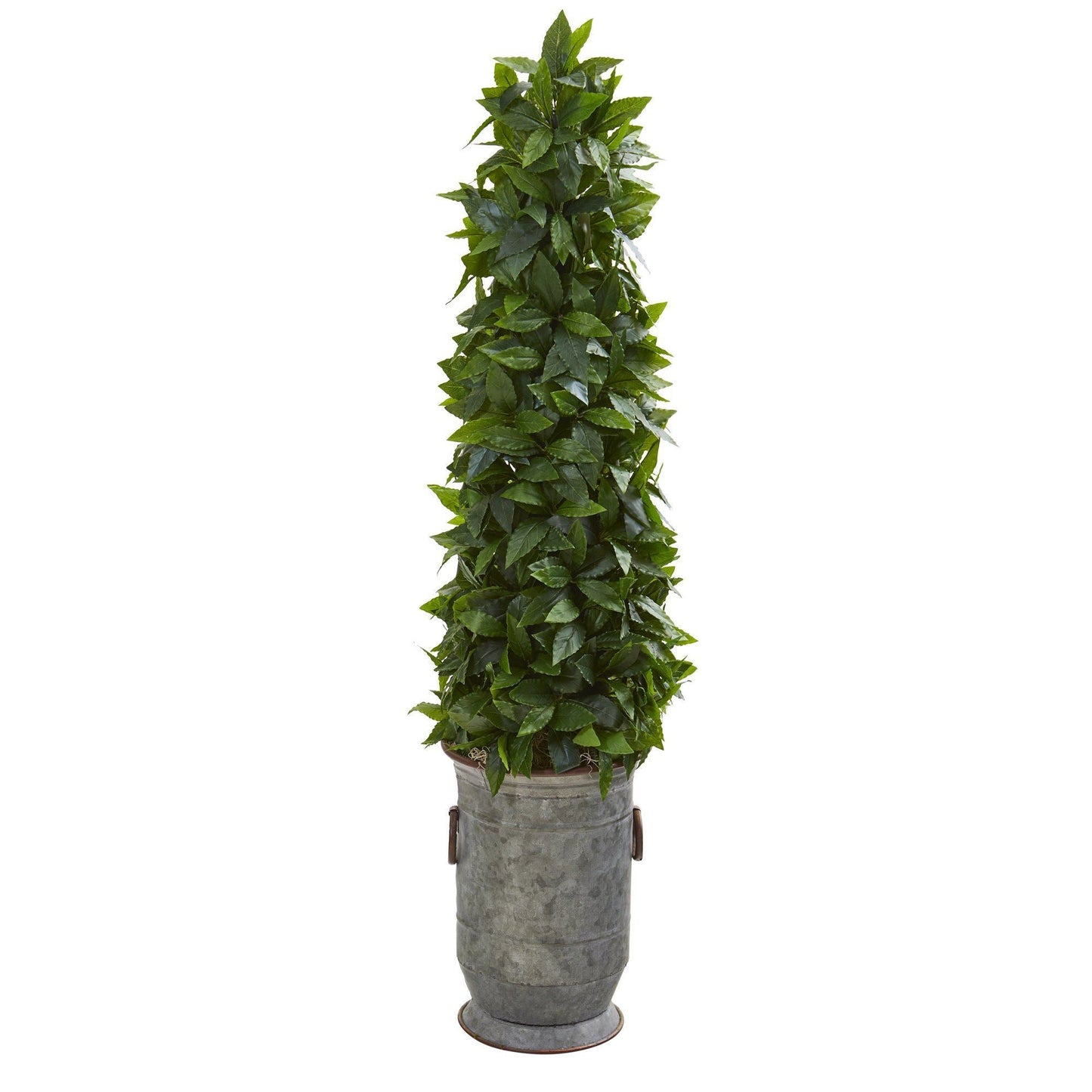 Nearly Natural 40-inch Sweet Bay Cone Topiary artificial tree in vintage metal planter with green leaves on Tampa Home & Garden Store