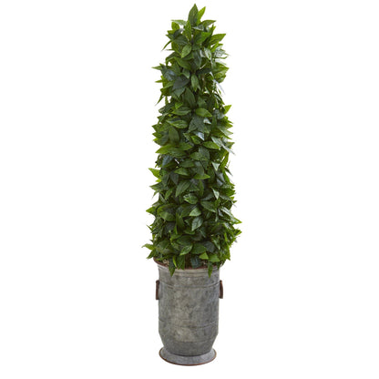 Nearly Natural 40-inch Sweet Bay Cone Topiary artificial tree in vintage metal planter with green leaves on Tampa Home & Garden Store