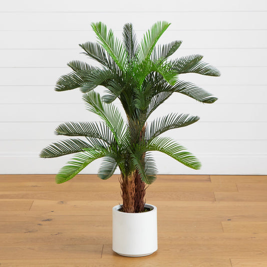 Artificial 40-inch double Cycas palm tree in white planter Nearly Natural indoor/outdoor on Tampa Home & Garden Store