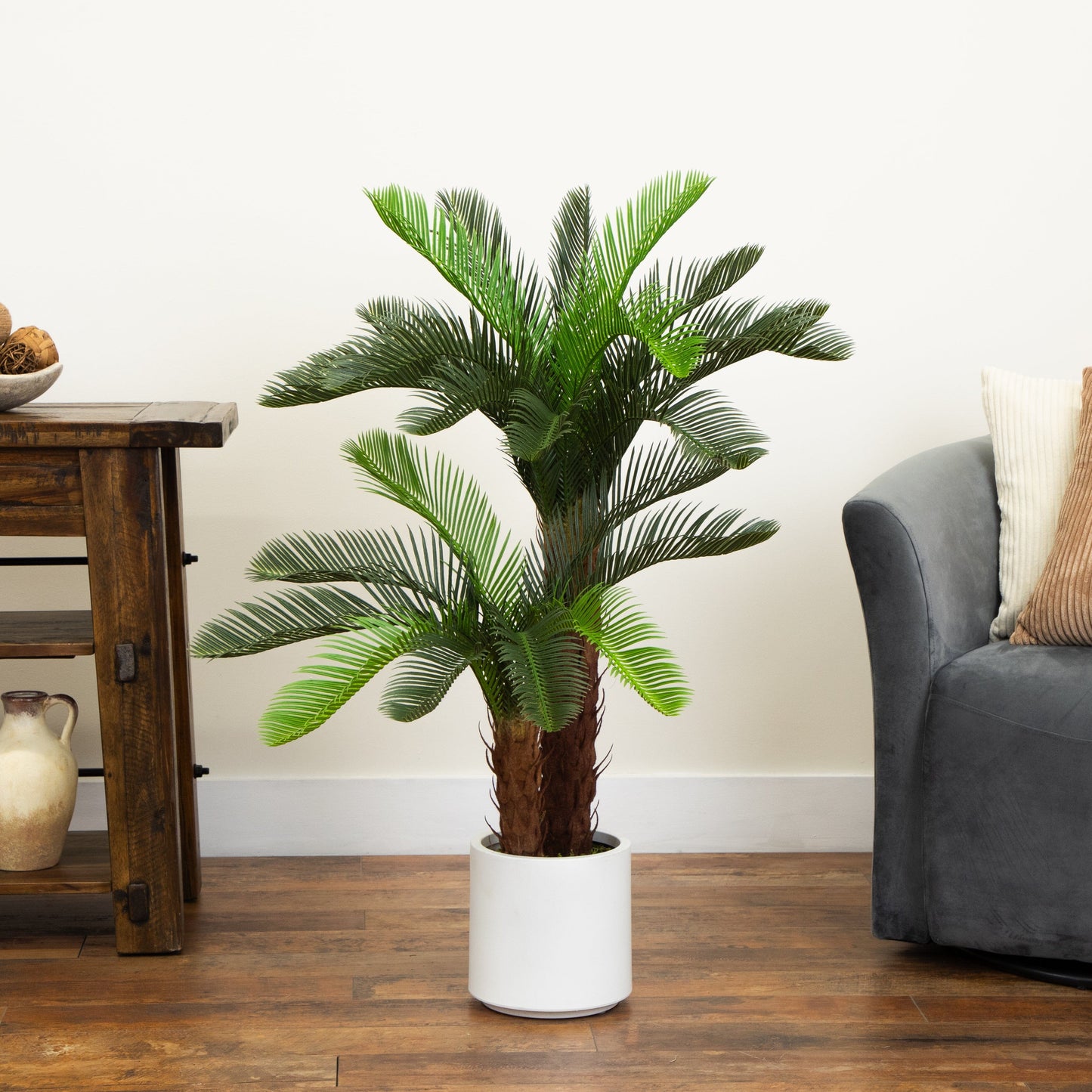 Nearly Natural 40in UV resistant artificial double cycas palm tree in white planter on Tampa Home & Garden Store