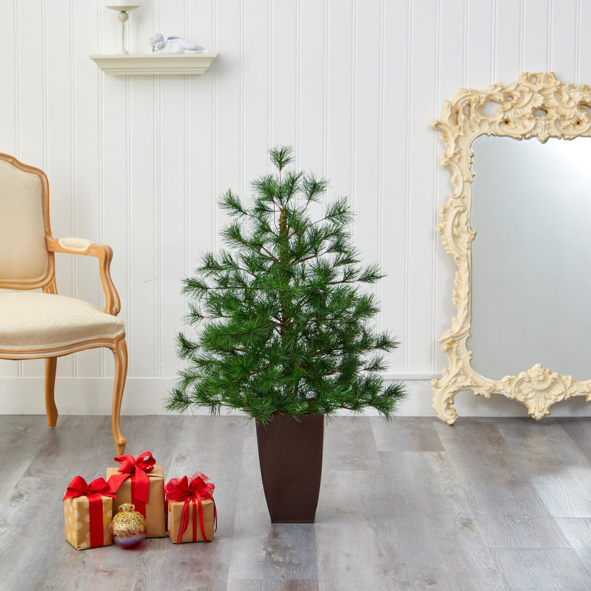 40-inch Yukon Pine artificial Christmas tree with 213 bendable branches in bronze metal planter on Tampa Home & Garden Store