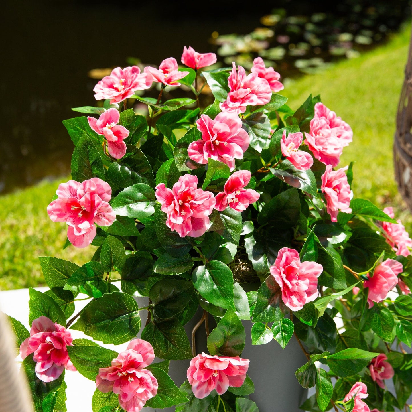 Nearly Natural 41in UV resistant artificial azalea hanging plant, set of 2, pink blooms on Tampa Home & Garden Store