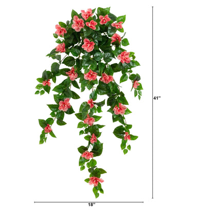Nearly Natural 41-inch UV-resistant azalea hanging plant set of 2; pink blooms, green leaves on Tampa Home & Garden Store