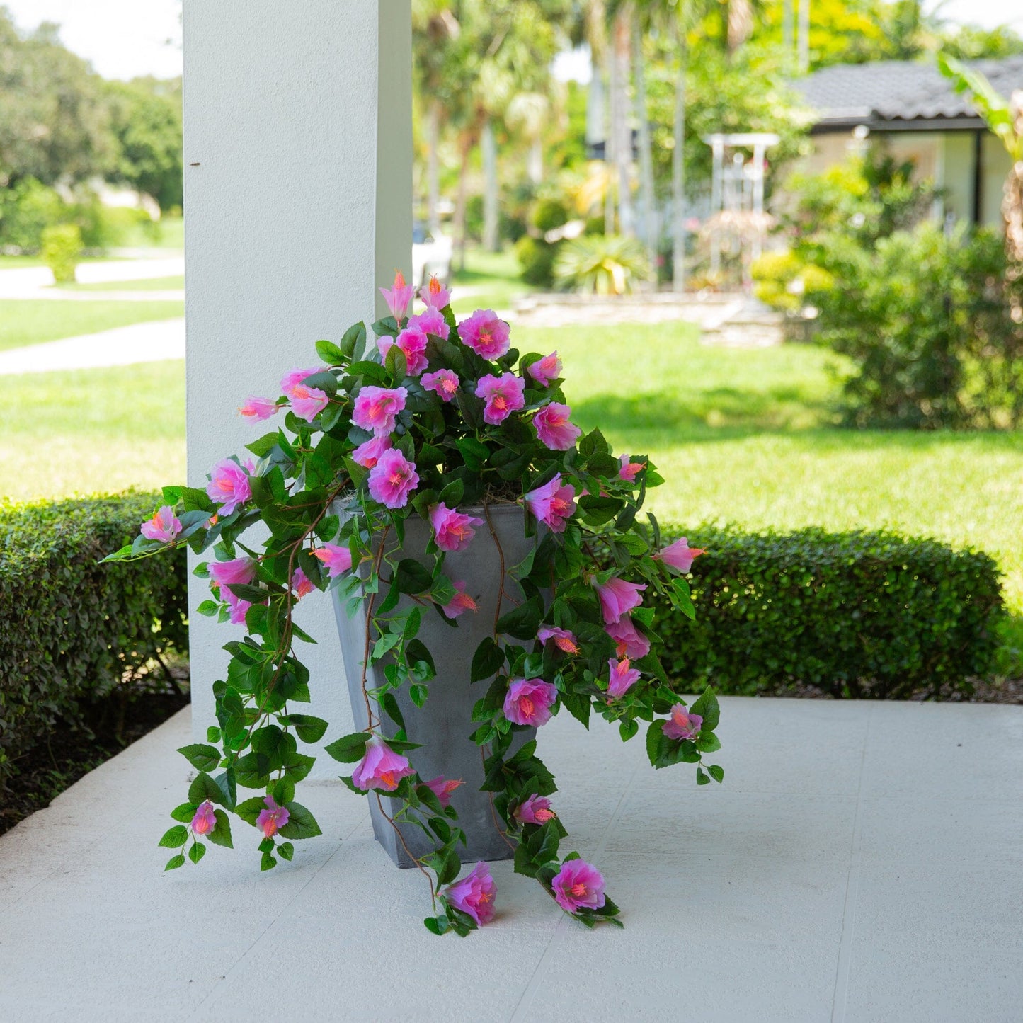 41in UV-resistant artificial hibiscus hanging plant by Nearly Natural, pink blooms, set of 2 on Tampa Home & Garden Store