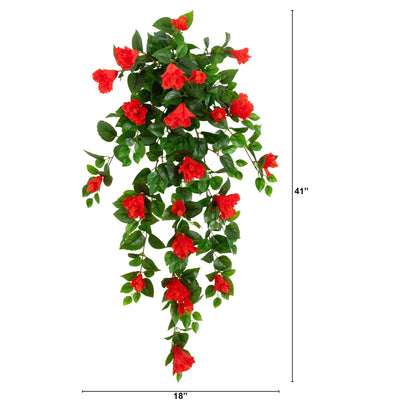 Nearly Natural 41in hibiscus hanging plant set of 2 with red blooms and glossy green leaves on Tampa Home & Garden Store