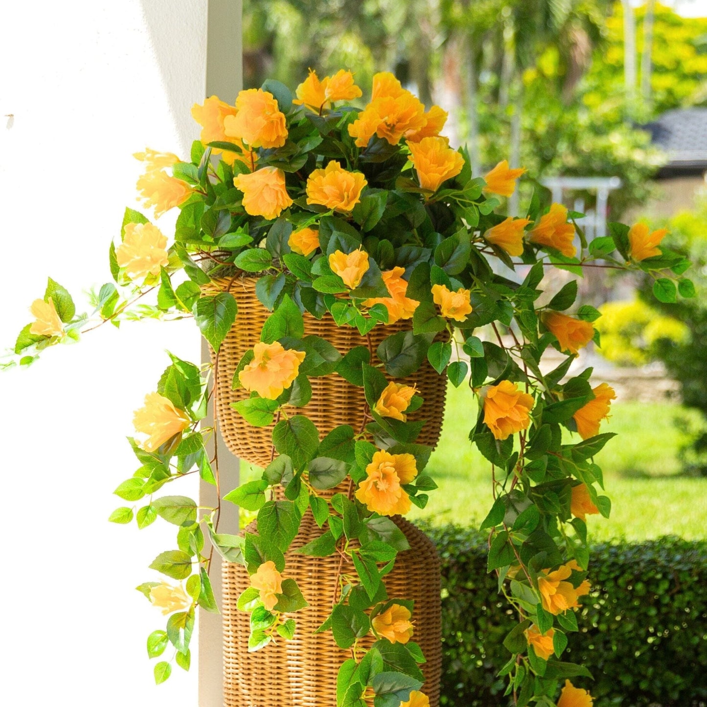 Nearly Natural 41in UV-resistant hibiscus hanging plants, yellow blossoms, set of 2 in baskets on Tampa Home & Garden Store