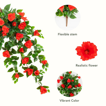 Nearly Natural 41-inch hibiscus hanging plant set of 2 with red blooms and green leaves on Tampa Home & Garden Store