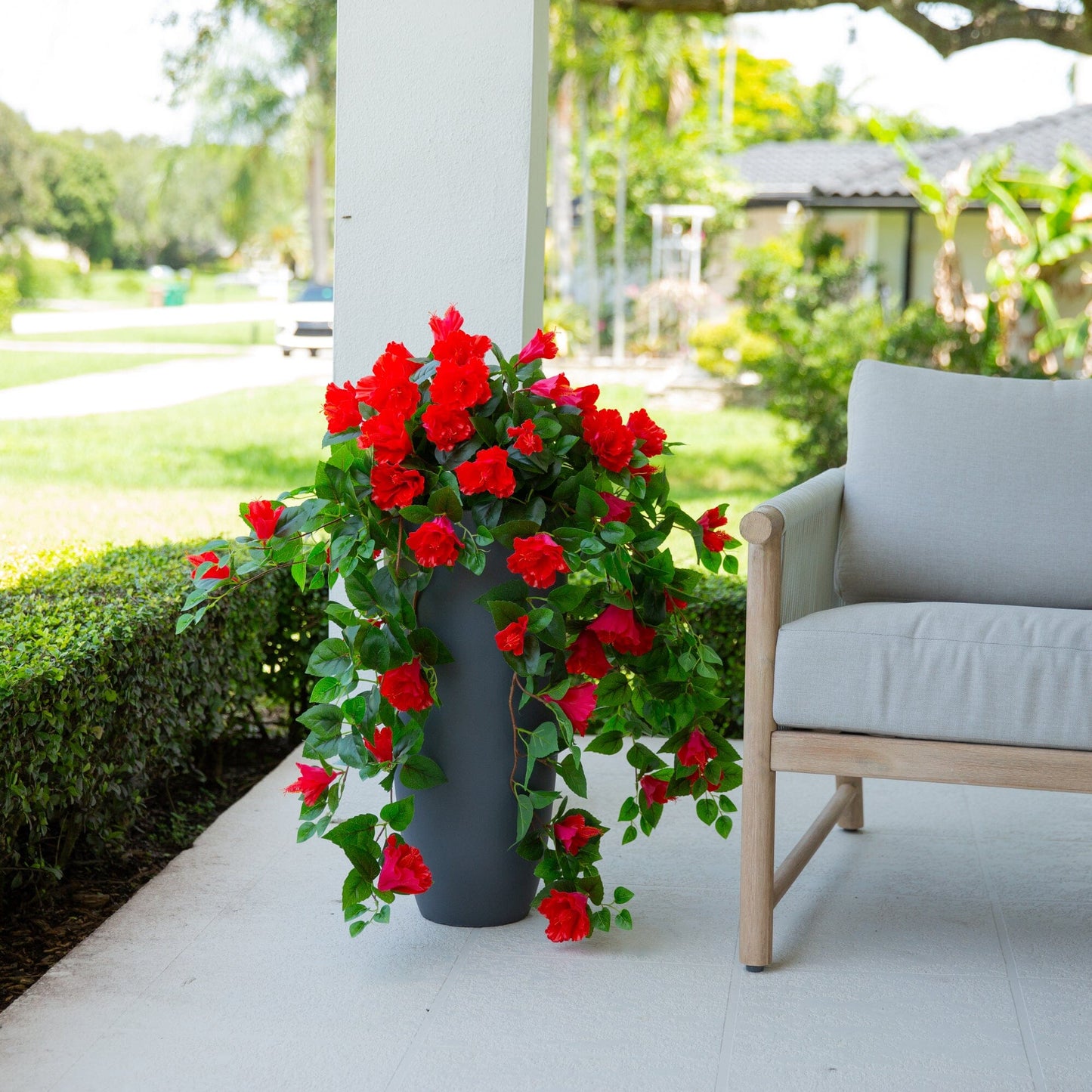 41in UV Resistant Hibiscus Hanging Plant set of 2 by Nearly Natural with red blooms on Tampa Home & Garden Store