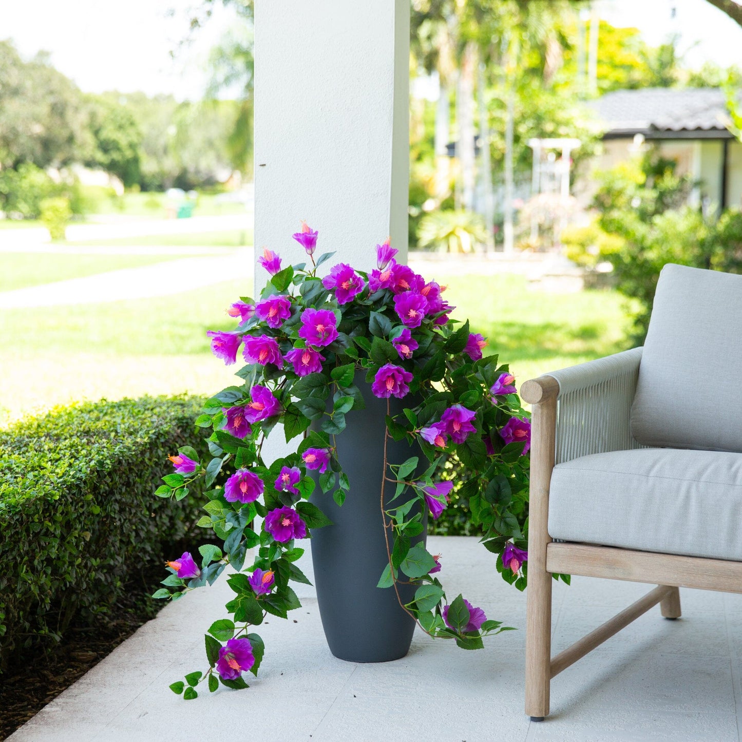 41in UV resistant artificial hibiscus hanging plant set of 2 with cascading purple blooms on Tampa Home & Garden Store