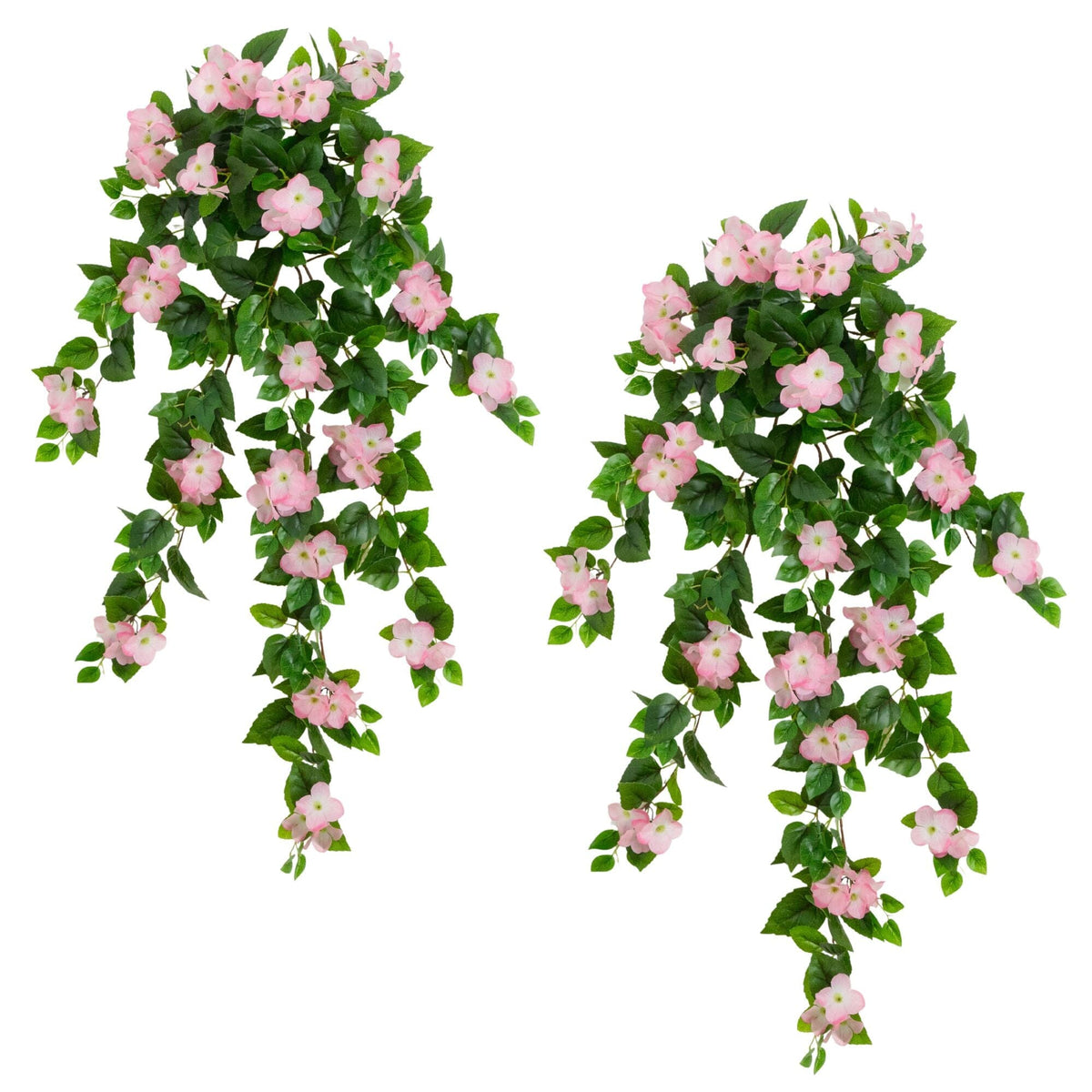 Hanging artificial hydrangea plant set of 2 pink blooms with green leaves on Tampa Home & Garden Store
