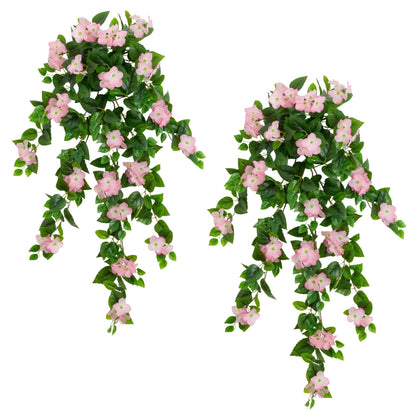 Hanging artificial hydrangea plant set of 2 pink blooms with green leaves on Tampa Home & Garden Store