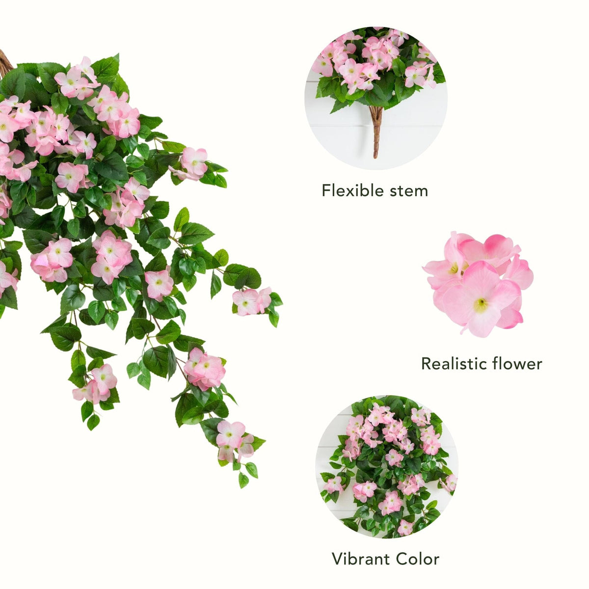 Artificial hydrangea hanging plant by Nearly Natural, pink, UV resistant, 41 in, 2pc on Tampa Home & Garden Store