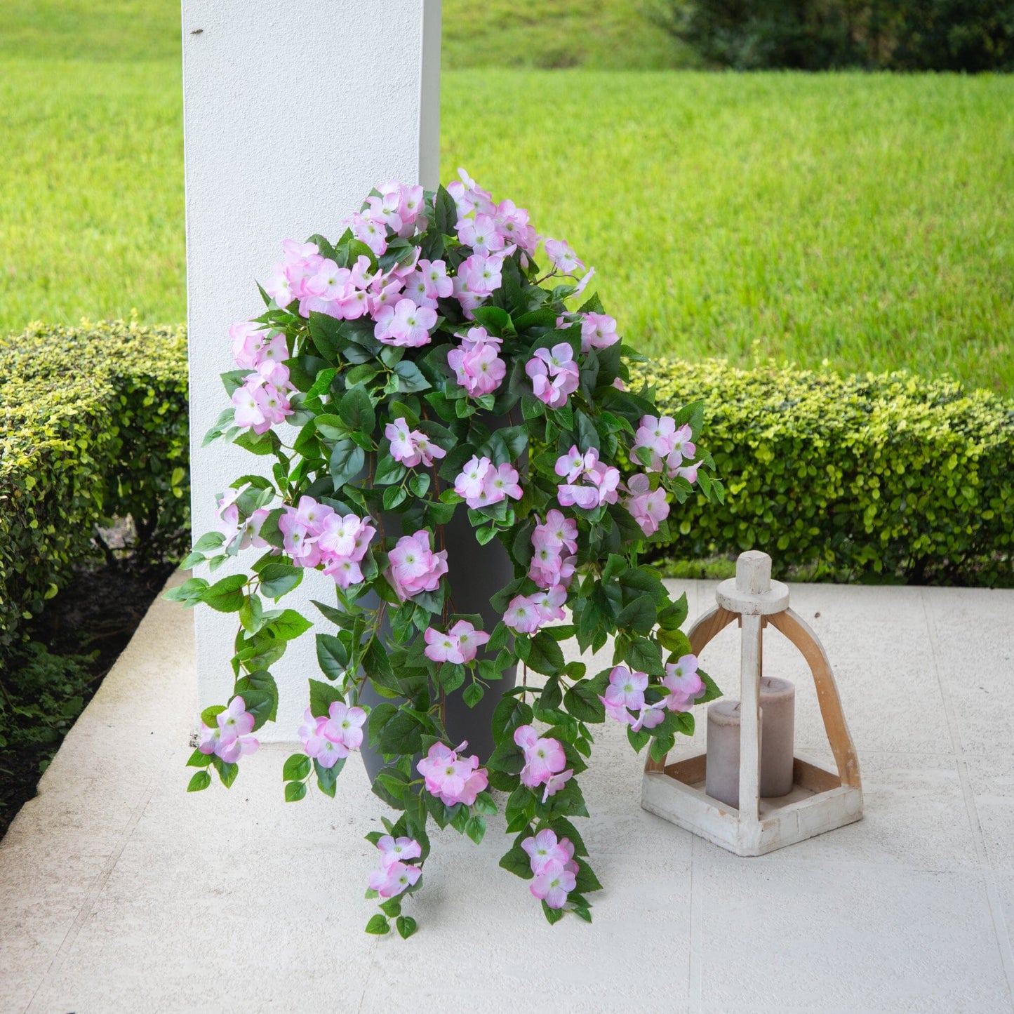 41in artificial hydrangea hanging plant set of 2, pink blooms porch decor on Tampa Home & Garden Store