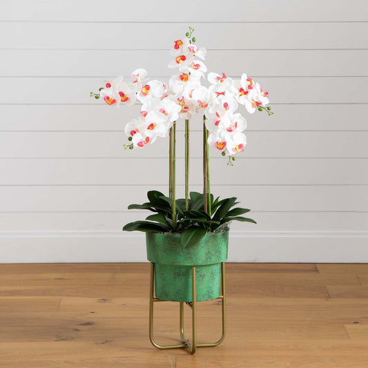 43” Artificial Orchid Arrangement in Patina Metal Planter with Stand - Tampa Home & Garden Store