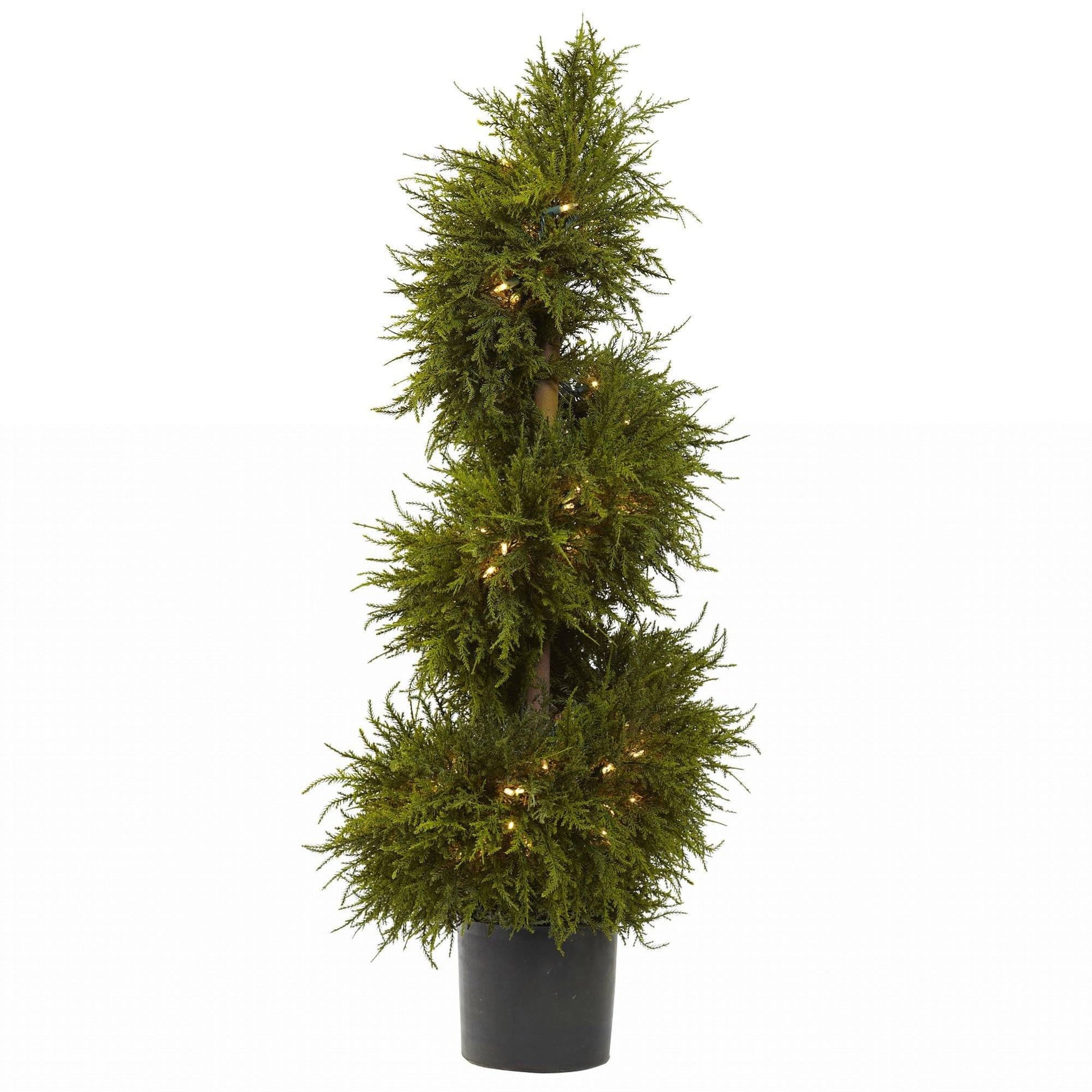 43” Cedar Spiral Topiary artificial tree with lights in a black planter by Nearly Natural on Tampa Home & Garden Store