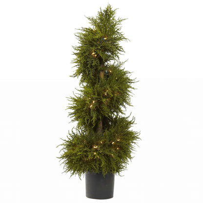 43” Cedar Spiral Topiary artificial tree with lights in a black planter by Nearly Natural on Tampa Home & Garden Store